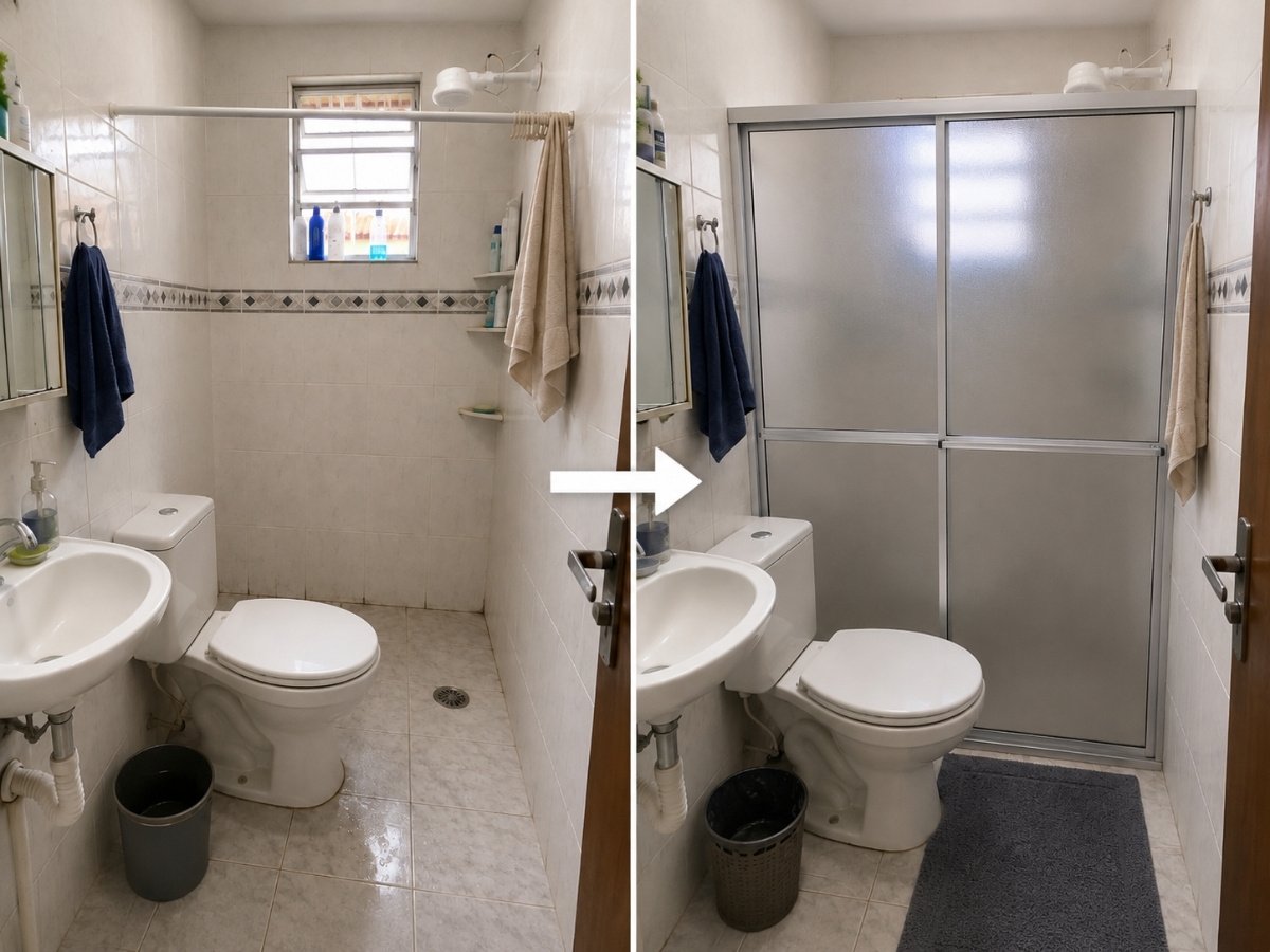 Antes e depois da instalação de box de acrílico